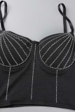 Negro Sexy Patchwork Hot Drilling Tassel Backless Spaghetti Strap Sin mangas Dos piezas