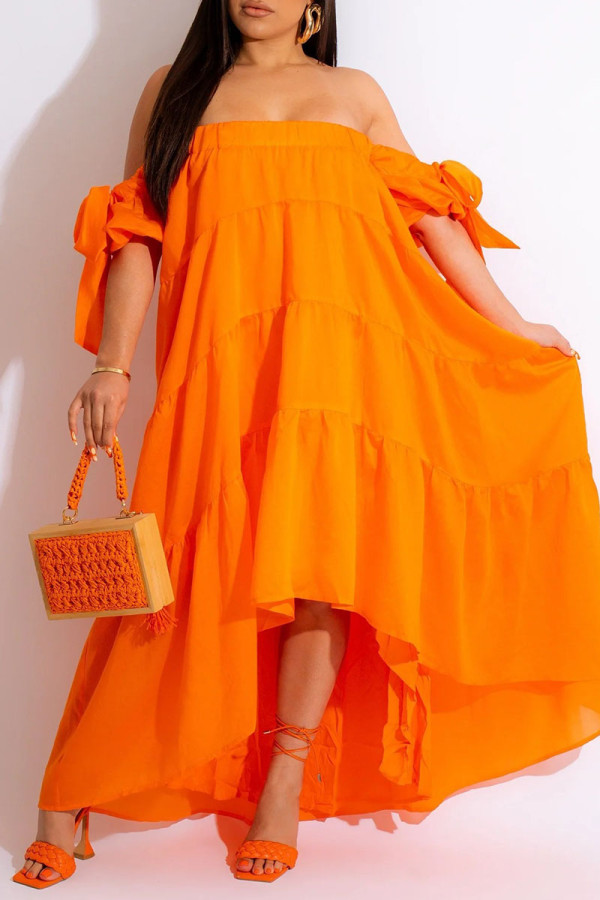 Оранжевые повседневные однотонные асимметричные прямые платья в стиле пэчворк с открытыми плечами