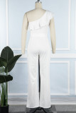 White Casual Solid Bandage Patchwork Flounce Oblique Collar Straight Jumpsuits