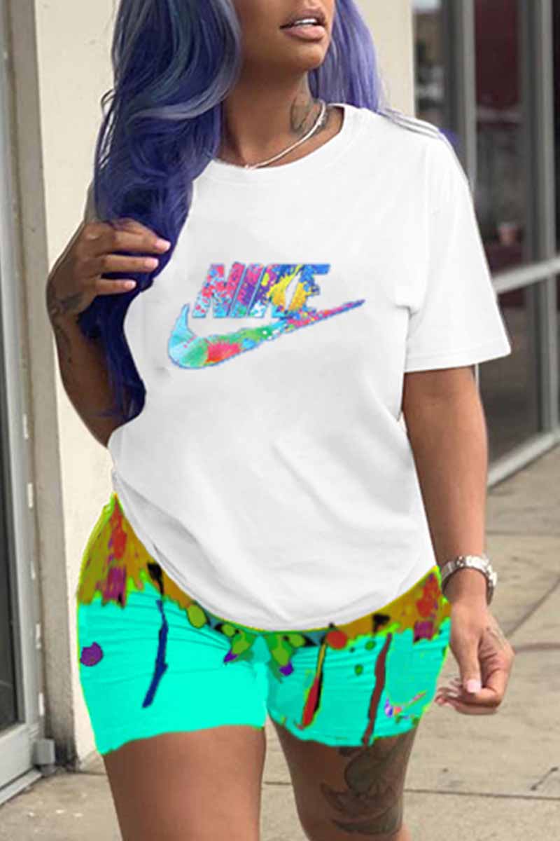 

Sky Blue Casual Print Letter O Neck Short Sleeve Two Pieces