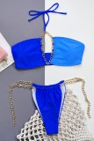 Blau Sexy Patchwork Feste Bandage Ausgehöhlte Ketten Rückenfreie Kontrastbadebekleidung (Mit Polsterungen)