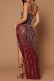 Бордовое сексуальное вечернее платье в стиле пэчворк, горячее сверление, с открытой спиной, с разрезом на одно плечо, платья