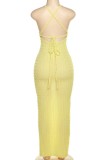 Vestiti lunghi dal vestito dalle cinghie trasversali solide sexy gialle senza schienale