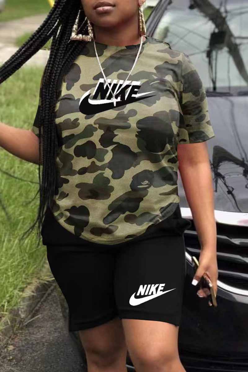 

Green Casual Print Letter O Neck Short Sleeve Two Pieces