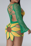 Green Yellow Sexy Solid Bandage Hollowed Out Patchwork Backless V Neck Long Sleeve Two Pieces
