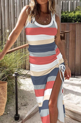Stripe Casual Print Patchwork Draw String Slit U Neck One Step Skirt Dresses