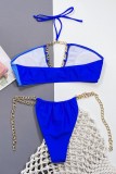 Blue Sexy Patchwork Solid Bandage Hollowed Out Chains Backless Contrast Swimwears (With Paddings)