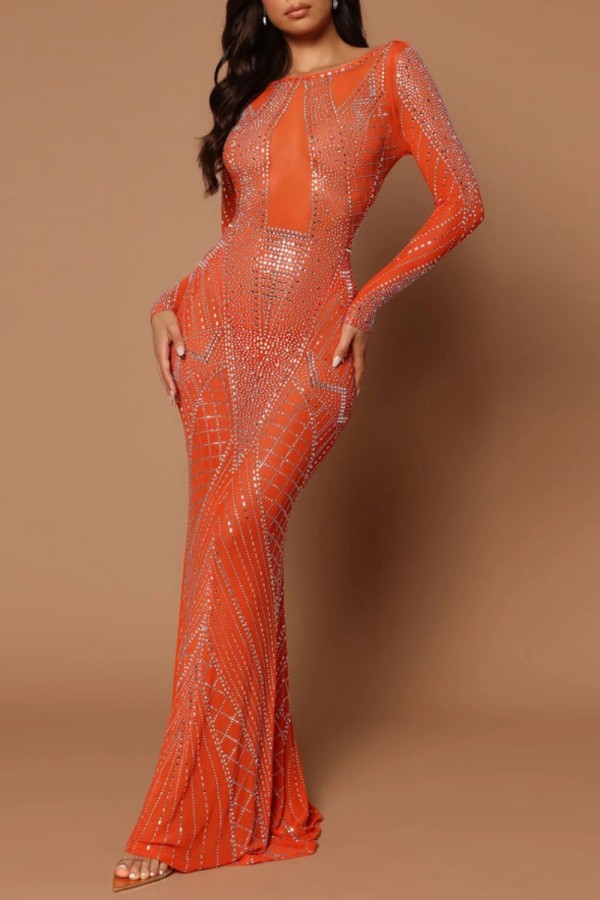 Vestido largo con escote en O transparente con perforación en caliente de patchwork formal sexy naranja Vestidos