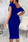 Blue Sexy Solid Patchwork Oblique Collar One Step Skirt Dresses