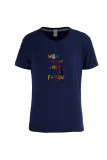 Marineblauwe T-shirts met patchwork en O-hals met straatprint