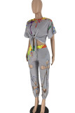 Grey Casual Street Print Bandage Hollowed Out Patchwork O Neck Short Sleeve Two Pieces