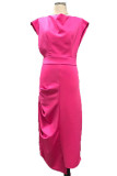 Розовое элегантное однотонное асимметричное вечернее платье с круглым вырезом в стиле пэчворк Платья