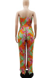 Yellow Blue Sexy Print Patchwork Fold Strapless Straight Jumpsuits