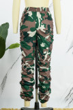 Pantalones casuales con estampado de camuflaje patchwork cintura alta convencional con estampado completo verde