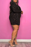 Black Sexy Solid Patchwork See-through Zipper Collar Pencil Skirt Plus Size Dresses