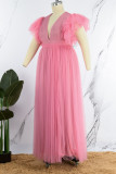 Vestidos de talla grande con cuello en V y abertura sólida de moda rosa