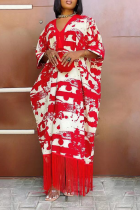 Rode casual print kwastje V-hals rechte jurken