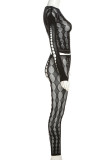 Black Sexy Solid Hollowed Out Patchwork See-through O Neck Long Sleeve Two Pieces