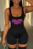 Black Sexy Print Backless Letter U Neck Rompers