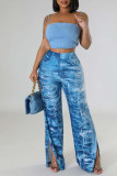 Blaue, lässige, zerrissene Patchwork-Hosen mit hoher Taille und geradem Volldruck