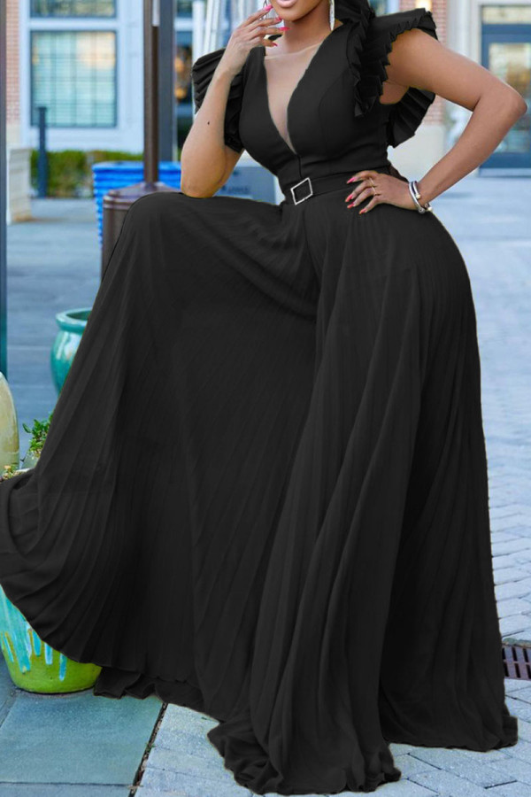 Schwarze, elegante, solide Patchwork-Falte mit geraden Overalls mit Gürtel und V-Ausschnitt
