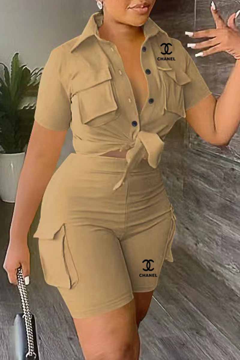 

Khaki Casual Print Letter Turndown Collar Short Sleeve Two Pieces