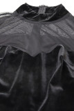 Vestidos de falda de un paso con cuello en O con abertura de patchwork sólido casual negro