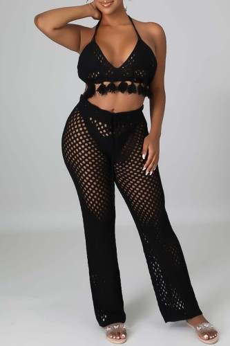 Black Sexy Solid Bandage Hollowed Out Backless Halter Sleeveless Two Pieces