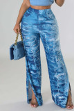 Pantaloni dritti a vita alta patchwork strappati con stampa casual blu