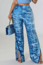 Blue Casual Print Ripped Patchwork High Waist Straight Full Print Bottoms