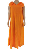 オレンジ カジュアル カレッジ ソリッド パッチワーク Vネック ストレート プラスサイズ ドレス