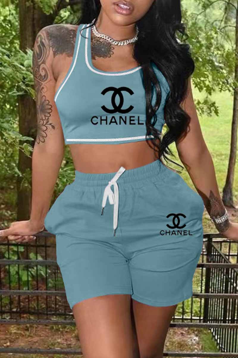 

Cyan Casual Print Letter U Neck Sleeveless Two Pieces