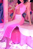 ピンク セクシー ソリッド パッチワーク シースルー ホルター ペンシル スカート ドレス