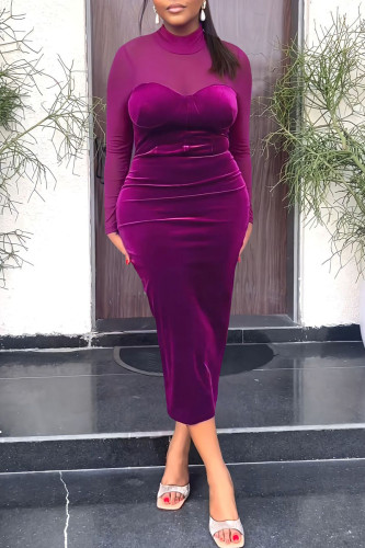 Purple Casual Solid Patchwork Slit O Neck One Step Skirt Dresses