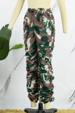 Grön Casual Camouflage Print Patchwork Vanlig hög midja Konventionella heltrycksbottnar