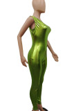 Зеленые сексуальные однотонные облегающие комбинезоны с косым воротником в стиле пэчворк
