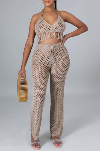 Khaki Sexy Solid Bandage Hollowed Out Backless Halter Sleeveless Two Pieces