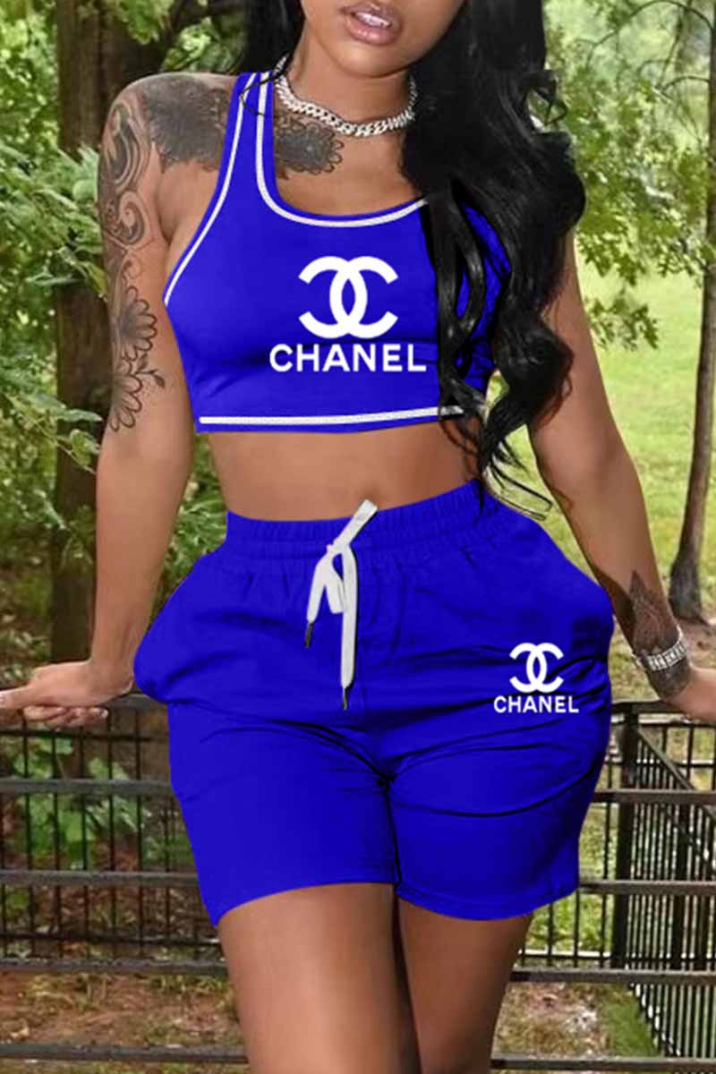 

Blue Casual Print Letter U Neck Sleeveless Two Pieces