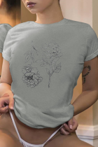 Grijze T-shirts met patchwork en O-hals met straatprint