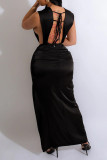Черные сексуальные сплошные повязки в стиле пэчворк без спинки с разрезом V-образным вырезом прямые платья