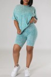 Mint green Casual Tie Dye Basic O Neck Short Sleeve Two Pieces