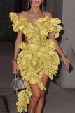 Gelbe, sexy, feste, fadenförmige Patchwork-Webkanten mit V-Ausschnitt, unregelmäßige Kleider