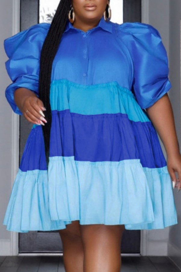 Blauwe casual patchwork contrasterende overhemdkraag A-lijn grote maten jurken