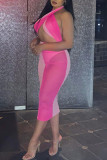 ピンク セクシー ソリッド パッチワーク シースルー ホルター ペンシル スカート ドレス