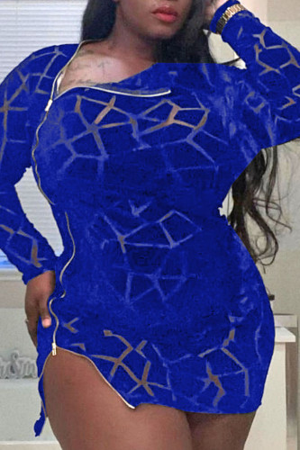 Blue Sexy Solid Patchwork See-through Zipper Collar Pencil Skirt Plus Size Dresses
