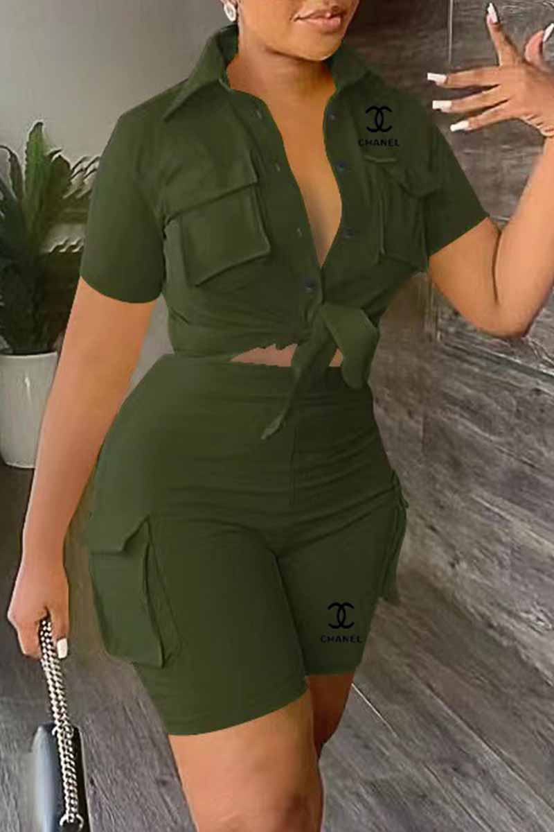 

Army Green Casual Print Letter Turndown Collar Short Sleeve Two Pieces