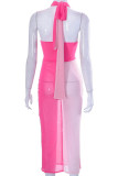 Розовые сексуальные однотонные лоскутные прозрачные платья-юбка-карандаш с лямкой на шее