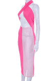 Rosa sexy sólido patchwork transparente halter lápiz falda vestidos