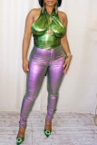 Зеленый сексуальный уличный однотонный бандажный топ в стиле пэчворк с лямкой на шее