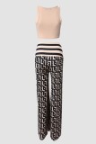 Khaki Casual Sportswear Print Strickjacke Hose U-Ausschnitt ärmellos zweiteilig